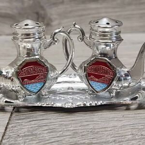 Vintage Mackinac Bridge Teapot Salt & Pepper Shakers Set w/ Tray Made in Japan